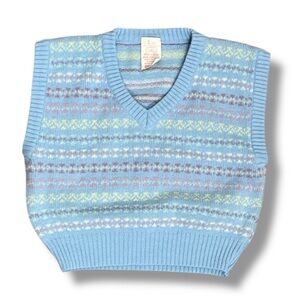 Vintage Sears Little Girls Sweater Vest Size 4 V Neck Geometric Print Baby Blue